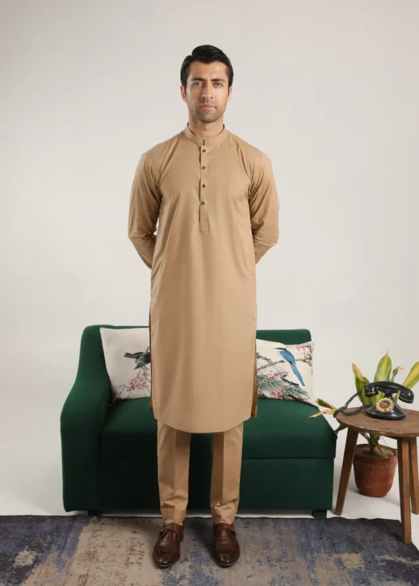 Camel Unstitched Soft Cotton Shalwar Kameez