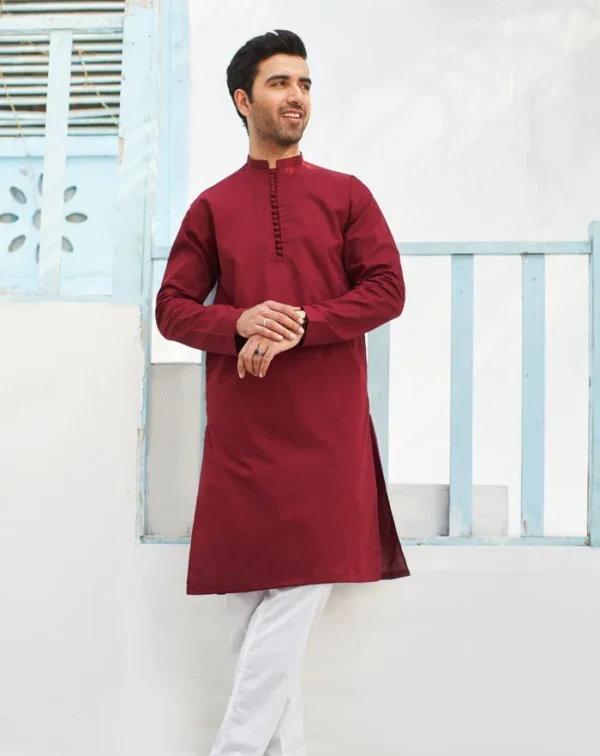 Dark Red Mehroon Unstitched Kurta pajama - Image 2