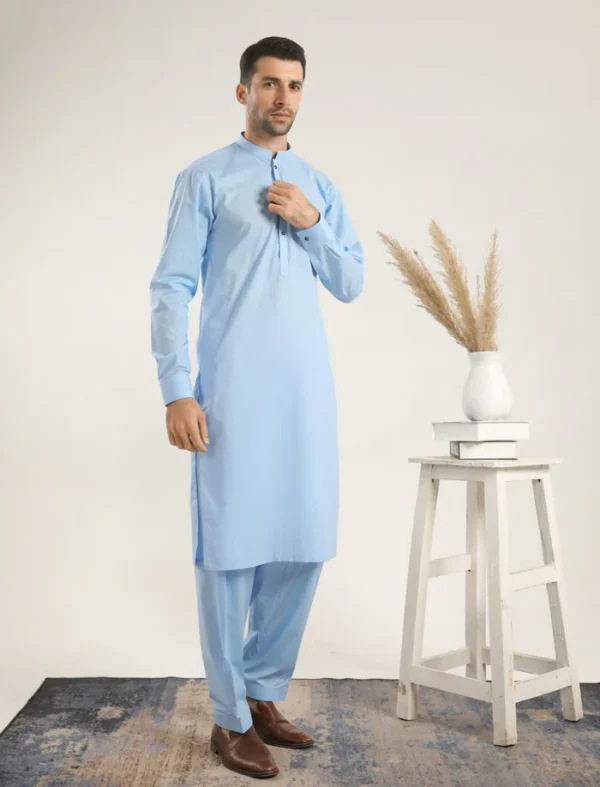 Sky Blue Unstitched Soft Cotton Shalwar Kameez - Image 2