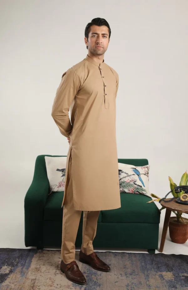 Camel Unstitched Soft Cotton Shalwar Kameez - Image 2